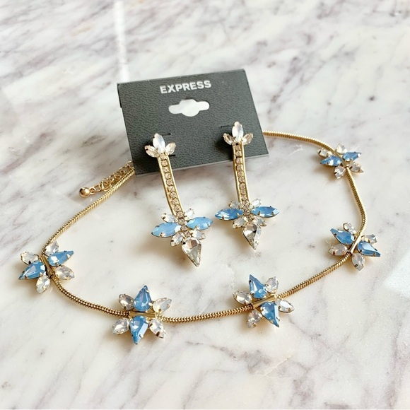 Blue Snowflake Choker Necklace and Earrings Statement Jewelry Set - Picture 1 of 7